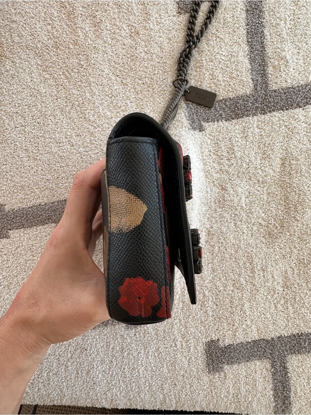 Coach Black Floral Mini Crossbody with Red Jewel Accents
